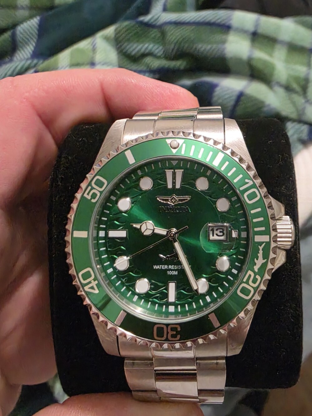 Invicta Men's Silver Stainless Steel Watch with Green Dial and Bezel